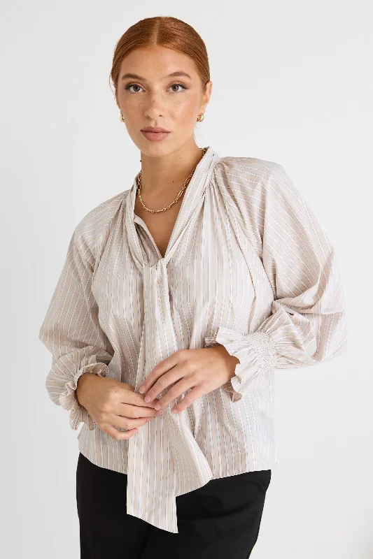 Compassion Ecru Stripe Poplin Tie Front Blouse