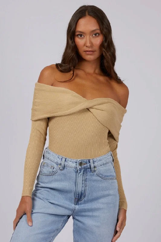 Livia Oat Rib Knit Off Shoulder Top