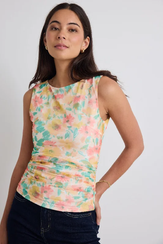 Rapid Golden Floral Mesh Gathered Side Sleeveless Top