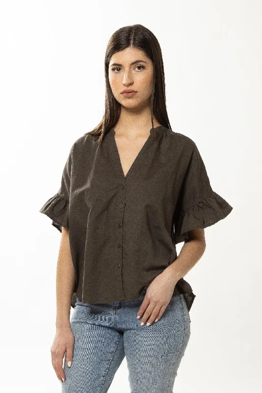 Riverstone Olive Linen Ruffle Sleeve Shirt