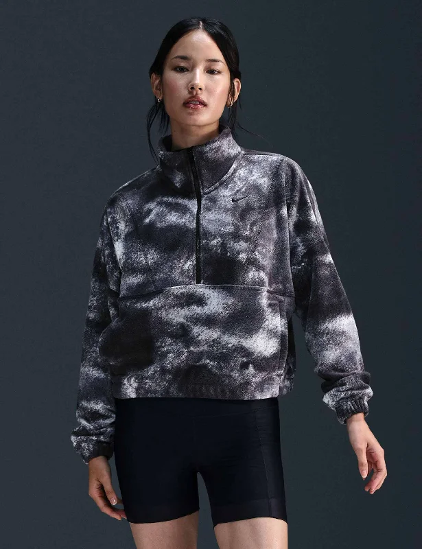 One Oversized 1/2-Zip Fleece Printed Top - Black