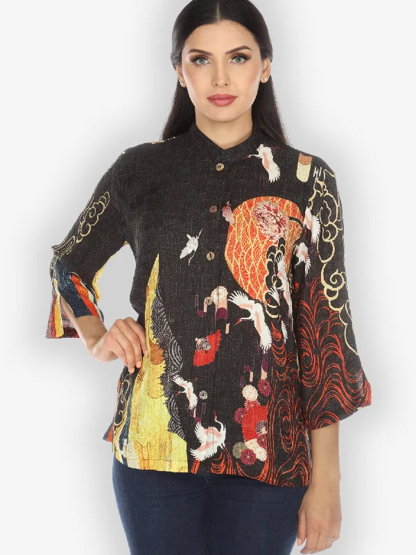 Chrysanthemum Crane Citron Style Silk Blouse