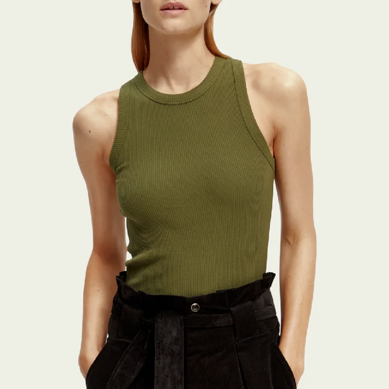 Rib-Knitted Racerback Tank Top (Olive Green)