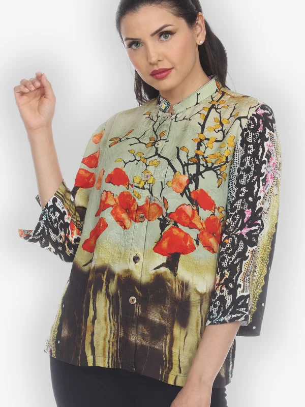 Sky Border Nature Classic Style Silk Blouse