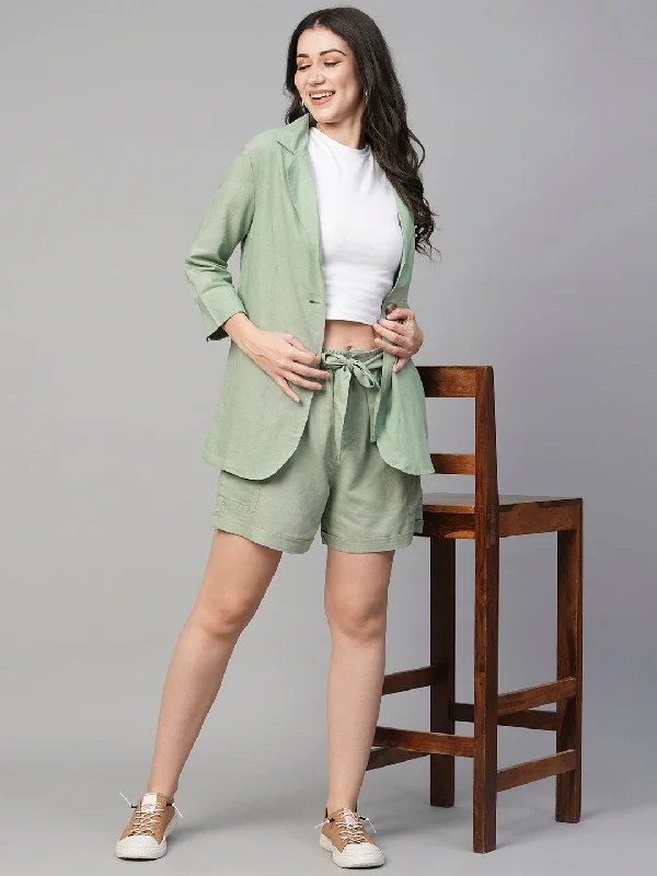 Women's Green Viscose Linen Cotton Regular Fit Jacket