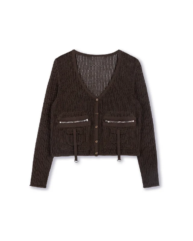 Zipper Pocket Detailed Pointelle Cardigan